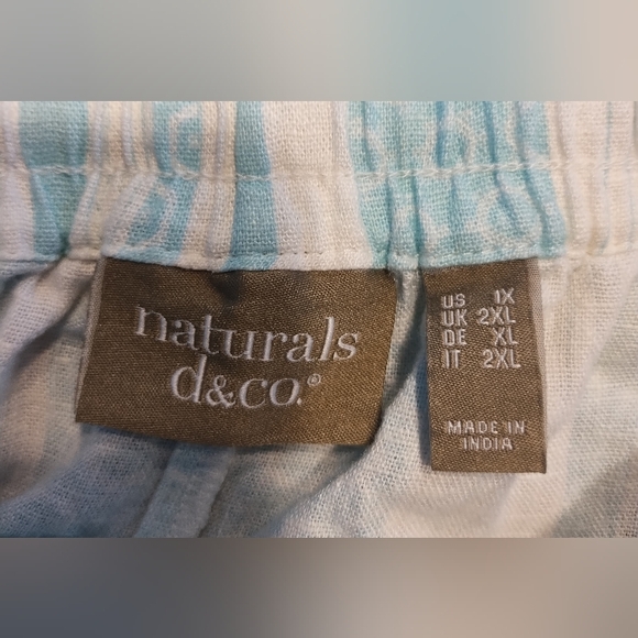 NATURALS DECO TEAL BLUE & WHITE DESIGN LINEN BLEND CROPPED PANTS SZ 1X - Picture 6 of 7